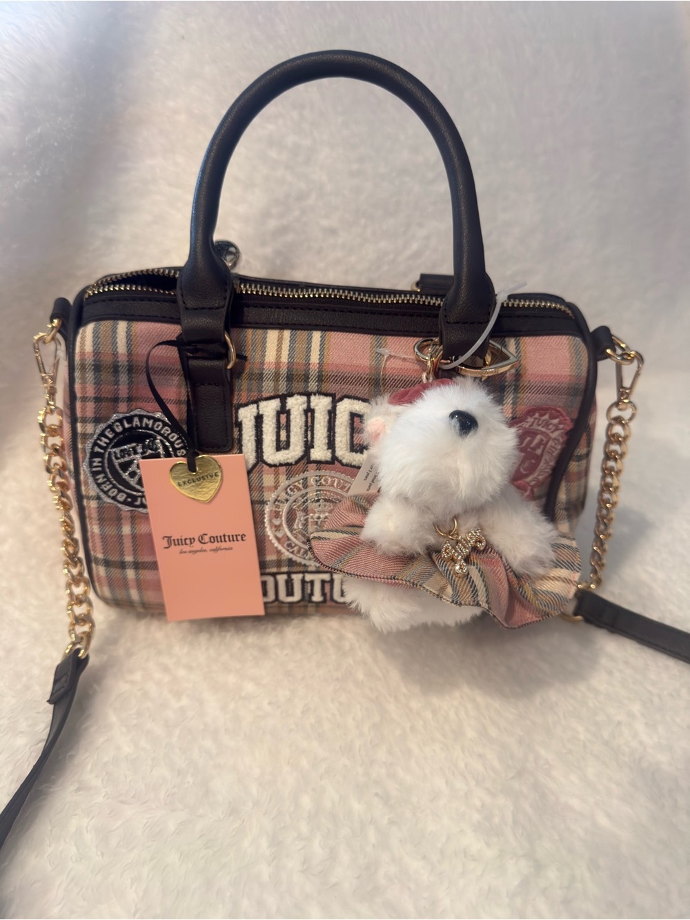 NWT Juicy Couture Pink Plaid Varsity Satchel Scottie Dog Charm Y2K - Viral Trend